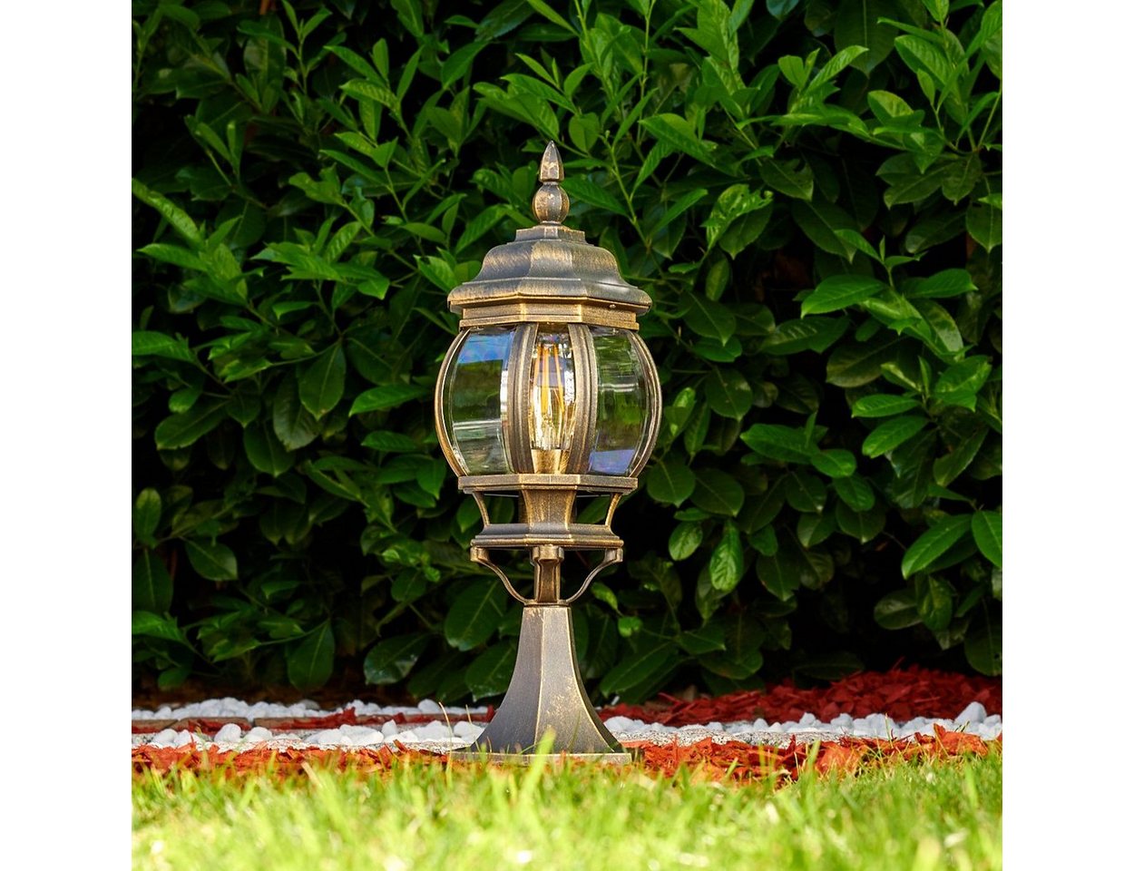 hofstein Pollerleuchte »Meyen« Außenleuchte, Aluguss in Braun/Gold mit Kunststoff-Scheiben, ohne Leuchtmittel, Wegeleuchte 50cm, Retro/Vintage Gartenlampe, E27, IP44 in antikem Look