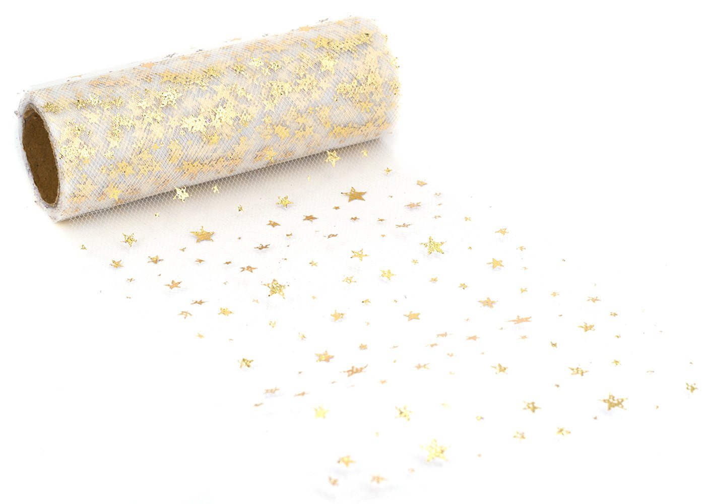 Creativery Tüllband, Tüll Stoff Rolle 9m x 15cm Sterne, weiß / gold