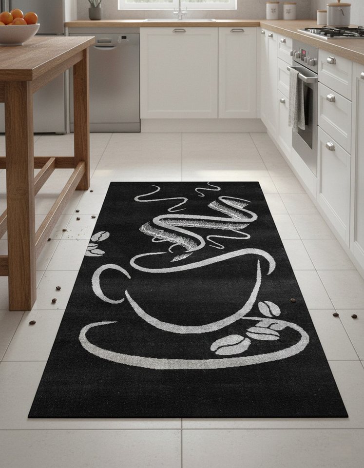 Vimoda Teppich Küchenteppich, Trendiger Kaffee Teppich in Schwarz, Grau & Braun, Rechteckig, Höhe: 5 mm, Küchenteppiche, Cappuccino, Kaffee, Tasse, Esszimmer, Küche