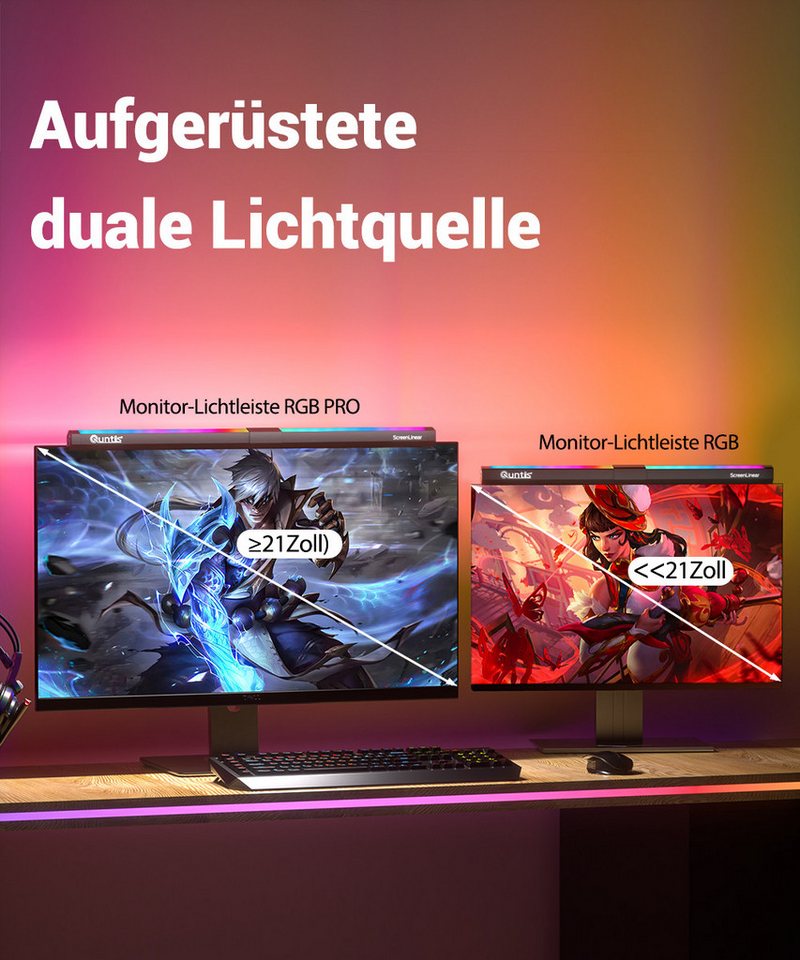 Quntis LED Schreibtischlampe 51cm 2in1 Monitor Lampen monitor licht klemmleuchte mit kabel RGB, Gaming RGB, LED wechselbar, Variables RGB-Umgebungslicht, Tageslichtweiß, pc bildschirmlampe für Büro Jugendzimmer Studie rgb beleuchtung gaming