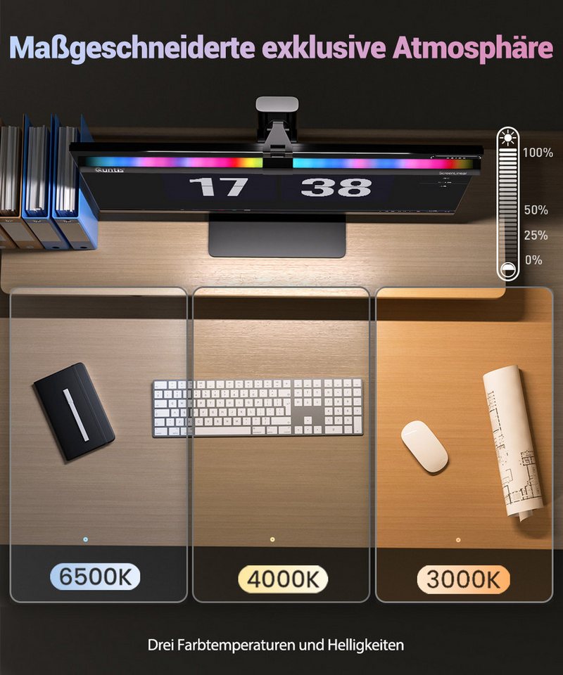 Quntis LED Schreibtischlampe 51cm 2in1 Monitor Lampen monitor licht klemmleuchte mit kabel RGB, Gaming RGB, LED wechselbar, Variables RGB-Umgebungslicht, Tageslichtweiß, pc bildschirmlampe für Büro Jugendzimmer Studie rgb beleuchtung gaming Bild 2