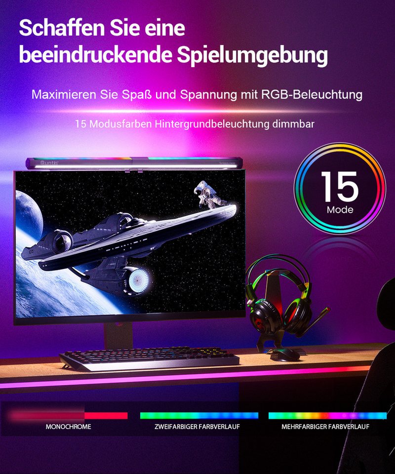 Quntis LED Schreibtischlampe 51cm 2in1 Monitor Lampen monitor licht klemmleuchte mit kabel RGB, Gaming RGB, LED wechselbar, Variables RGB-Umgebungslicht, Tageslichtweiß, pc bildschirmlampe für Büro Jugendzimmer Studie rgb beleuchtung gaming Bild 3