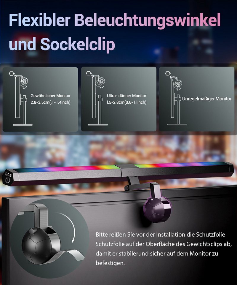 Quntis LED Schreibtischlampe 51cm 2in1 Monitor Lampen monitor licht klemmleuchte mit kabel RGB, Gaming RGB, LED wechselbar, Variables RGB-Umgebungslicht, Tageslichtweiß, pc bildschirmlampe für Büro Jugendzimmer Studie rgb beleuchtung gaming Bild 4