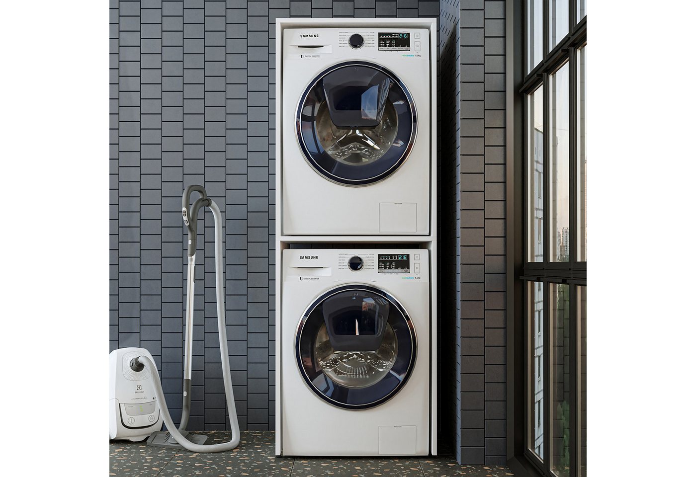 Roomart Waschmaschinenumbauschrank Waschplatz DUO-II, Trockner auf Waschmaschine, 4 Größen, 2 Farben (Waschmaschinenschrank für Trockner und Waschmaschine Überbauschrank) 4 Größenoptionen, optionaler Klappschrank, Wandbefestigung Bild 3