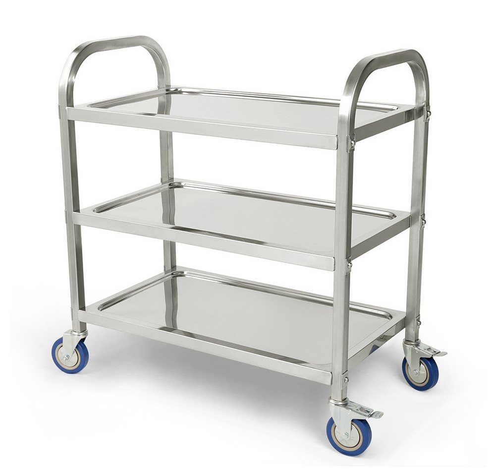 JEOBEST Küchenwagen Catering Servierwagen 3 Böden Edelstahlwagen mit Bremse Rädern, (Rollwagen, Rammschutz, vibrationsarme Schwenkrollen) Edelstahl