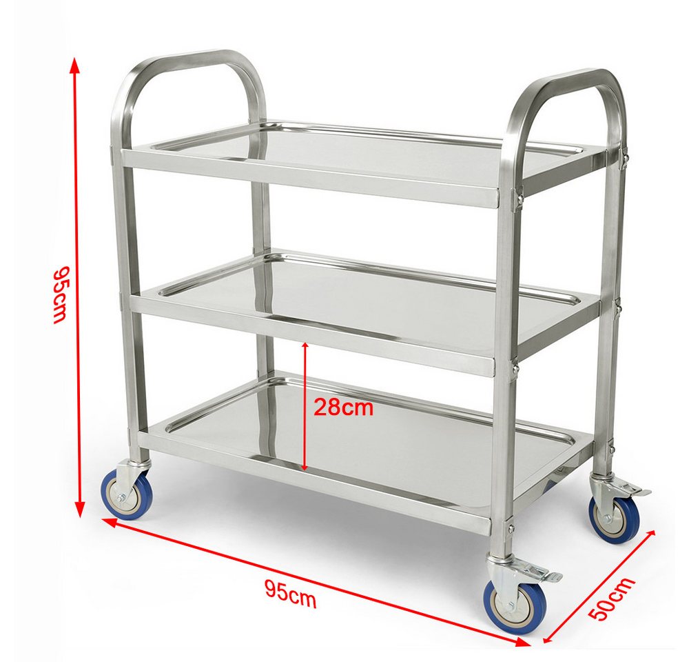 JEOBEST Küchenwagen Catering Servierwagen 3 Böden Edelstahlwagen mit Bremse Rädern, (Rollwagen, Rammschutz, vibrationsarme Schwenkrollen) Edelstahl Bild 2