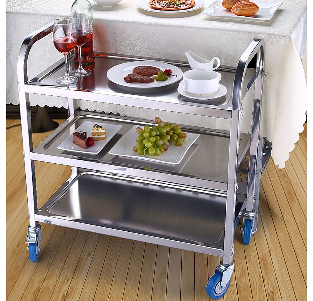 JEOBEST Küchenwagen Catering Servierwagen 3 Böden Edelstahlwagen mit Bremse Rädern, (Rollwagen, Rammschutz, vibrationsarme Schwenkrollen) Edelstahl Bild 4