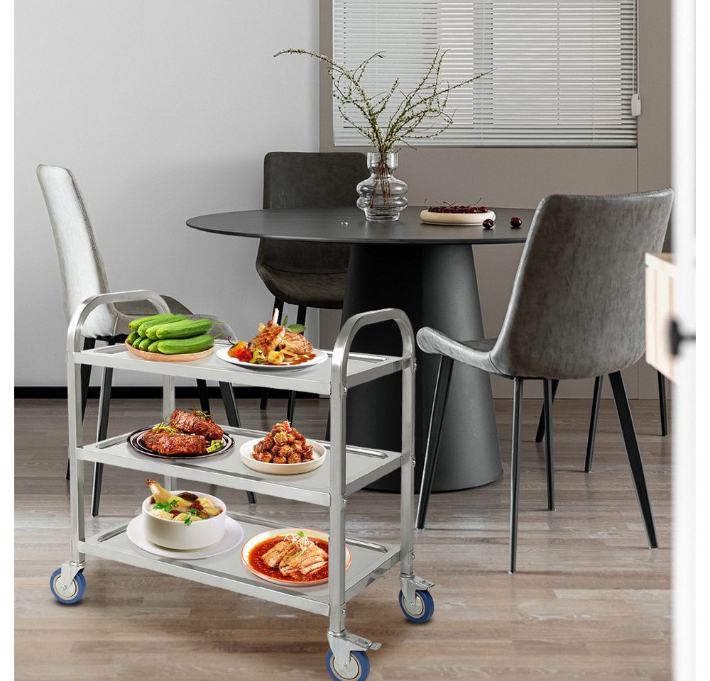 JEOBEST Küchenwagen Catering Servierwagen 3 Böden Edelstahlwagen mit Bremse Rädern, (Rollwagen, Rammschutz, vibrationsarme Schwenkrollen) Edelstahl Bild 5