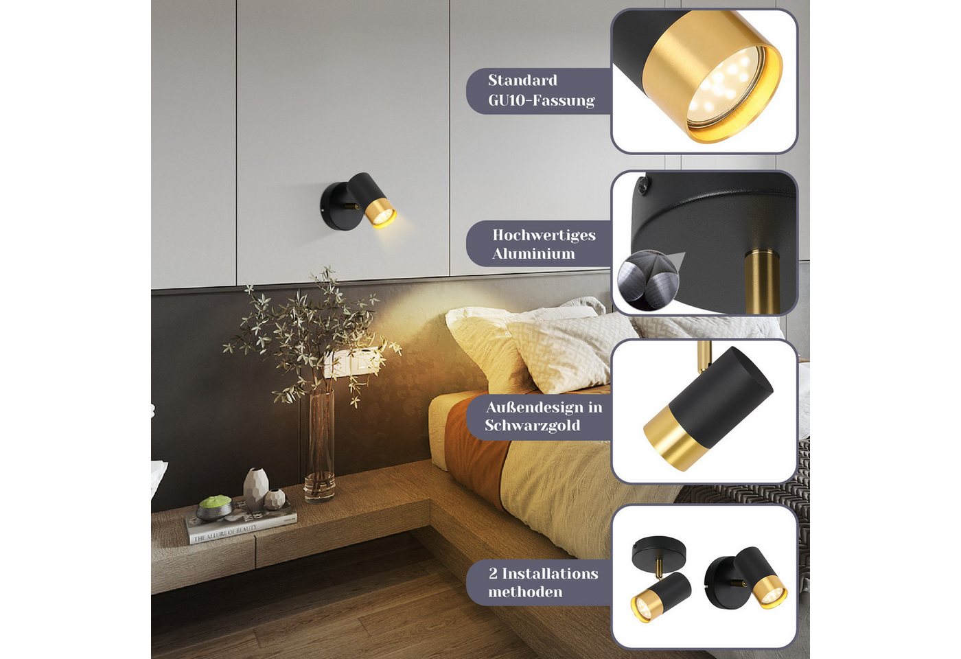 ZMH Deckenstrahler 1 Flammig Schwarzgold Retro Deckenlampe GU10 350° Drehbar Wohnzimmer, Einfache Installation, ohne Leuchtmittel, Wandstrahler Vintage Flurlampe Schlafzimmer Bild 2