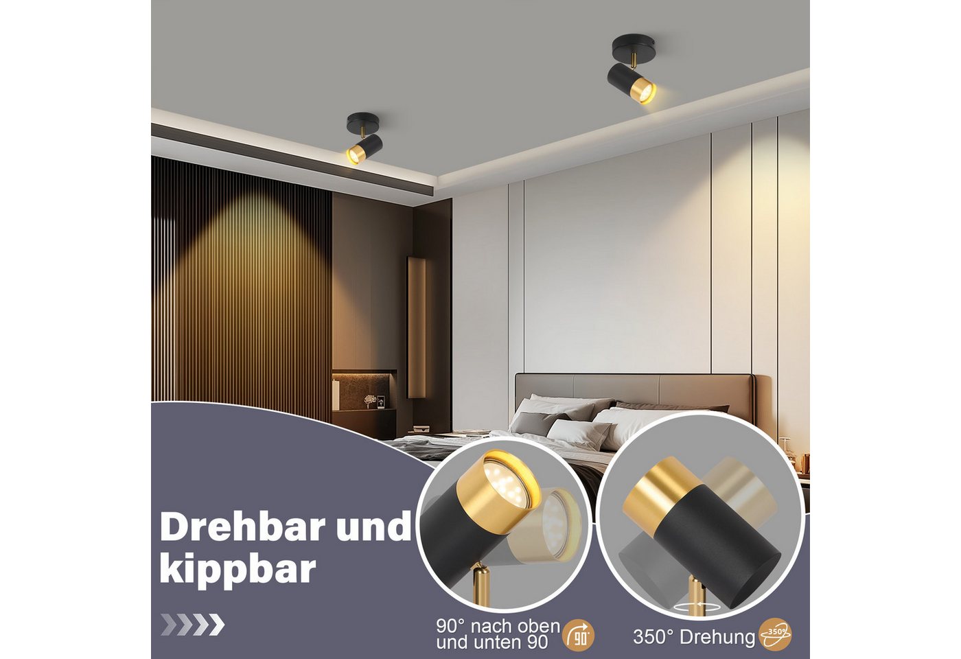 ZMH Deckenstrahler 1 Flammig Schwarzgold Retro Deckenlampe GU10 350° Drehbar Wohnzimmer, Einfache Installation, ohne Leuchtmittel, Wandstrahler Vintage Flurlampe Schlafzimmer Bild 3