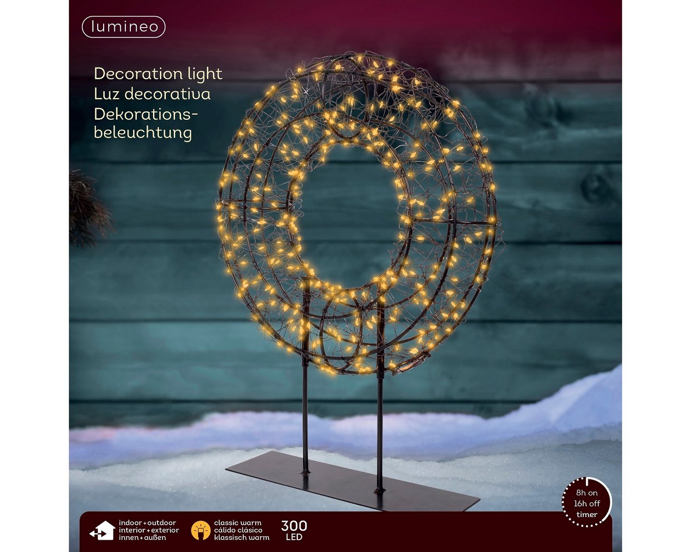 Lumineo LED Stern LED Deko-Leuchtring 300 LED 28 x 38 cm, klassisch warm, Timer, Klassischwarm, 8h-Timer, Indoor/Outdoor, IP-44, zum Aufstellen Bild 2