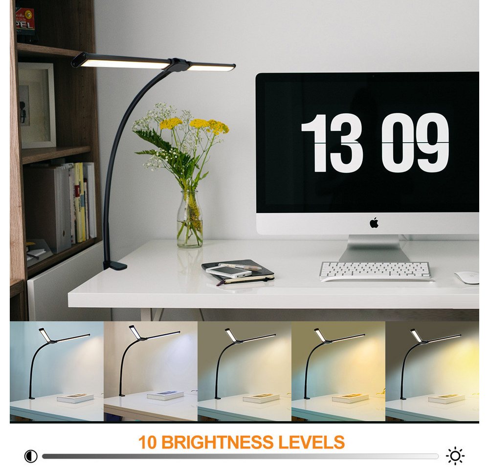POPOLIC LED Schreibtischlampe Doppelkopf Schreibtischlampe LED dimmbar, Augenschutz Monitorlampe, LED fest integriert, Weißes Licht, natürliches Licht, warmweißes Licht, energiesparend, für Schlafzimmer/Lesen/Studieren/Arbeiten