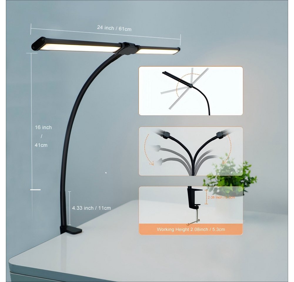 POPOLIC LED Schreibtischlampe Doppelkopf Schreibtischlampe LED dimmbar, Augenschutz Monitorlampe, LED fest integriert, Weißes Licht, natürliches Licht, warmweißes Licht, energiesparend, für Schlafzimmer/Lesen/Studieren/Arbeiten Bild 2
