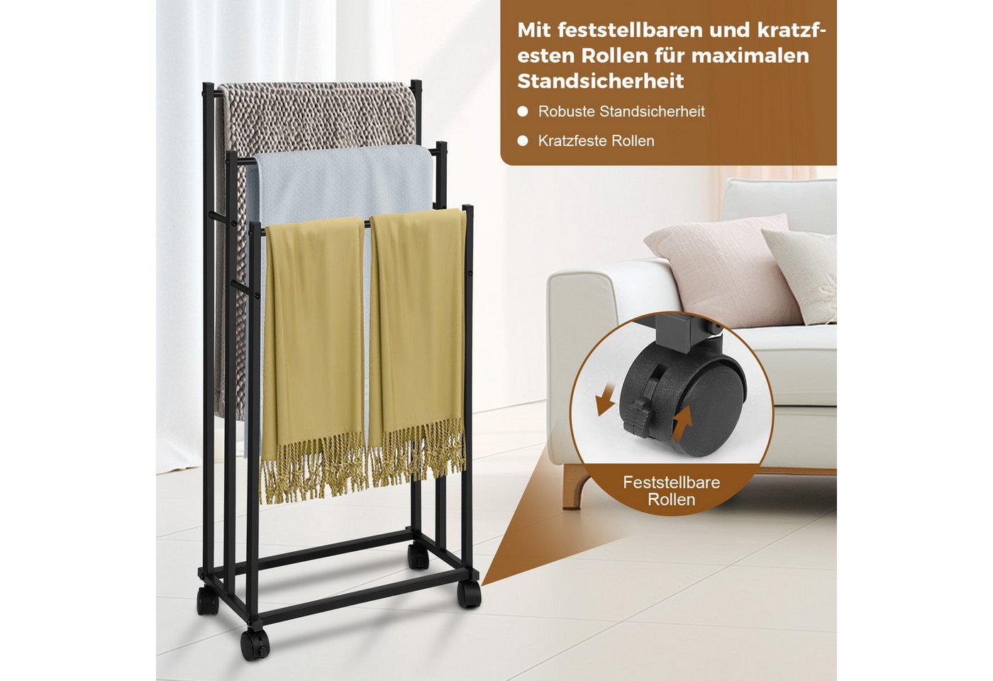 QUBEBU Handtuchständer Handtuchhalter Freistehend mit Rädern, 3 Stangen Handtuchständer, Für Bad, Schlafzimmer & Waschküche – als Kleiderständer nutzbar Bild 5