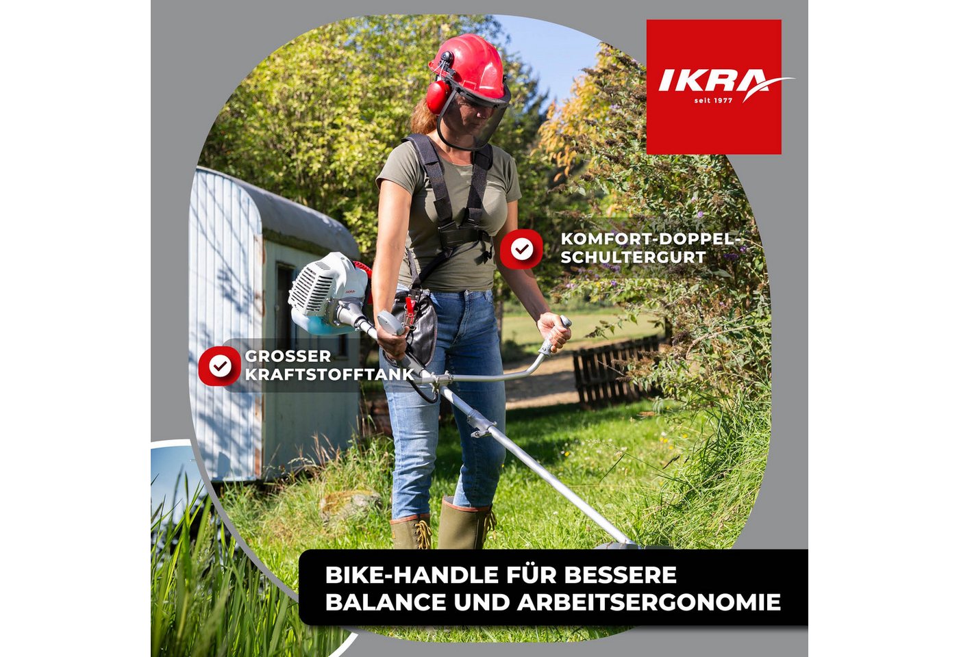 ikra GmbH Benzin-Freischneider IBF 4342, 25,5 cm Arbeitsbreite Messer, 42 cm Arbeitsbreite Faden, inkl. Fadenspule, 3-Zahn-Messer & Schultergurt Bild 5