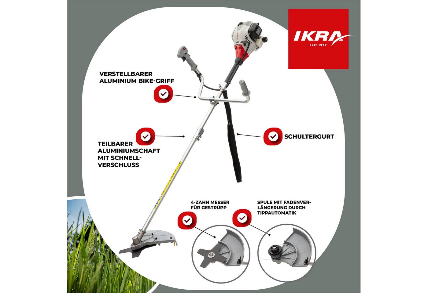 ikra GmbH Benzin-Freischneider IBF 25-1, 23 cm Arbeitsbreite Messer, 43 cm Arbeitsbreite Faden, inkl. Fadenspule, 4-Zahn-Messer & Schultergurt