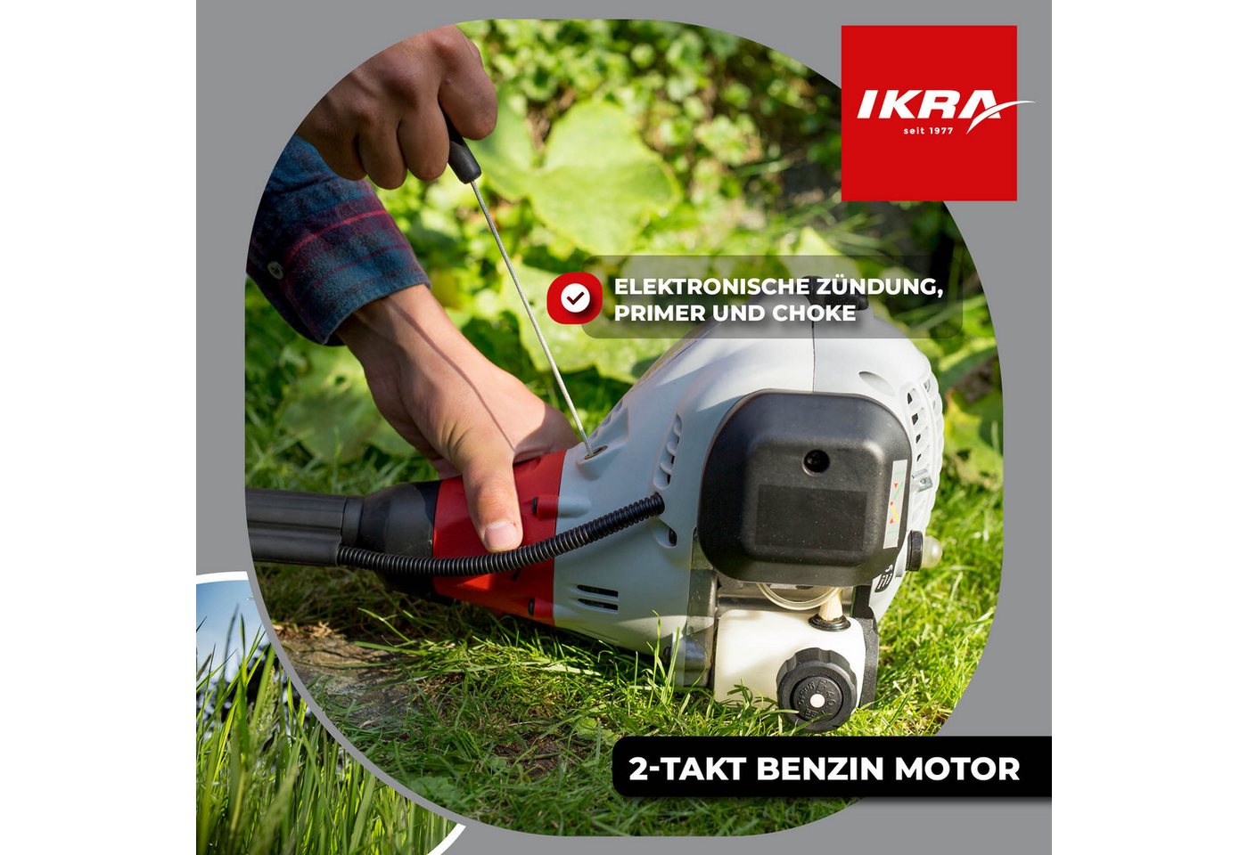 ikra GmbH Benzin-Freischneider IBF 25-1, 23 cm Arbeitsbreite Messer, 43 cm Arbeitsbreite Faden, inkl. Fadenspule, 4-Zahn-Messer & Schultergurt Bild 2