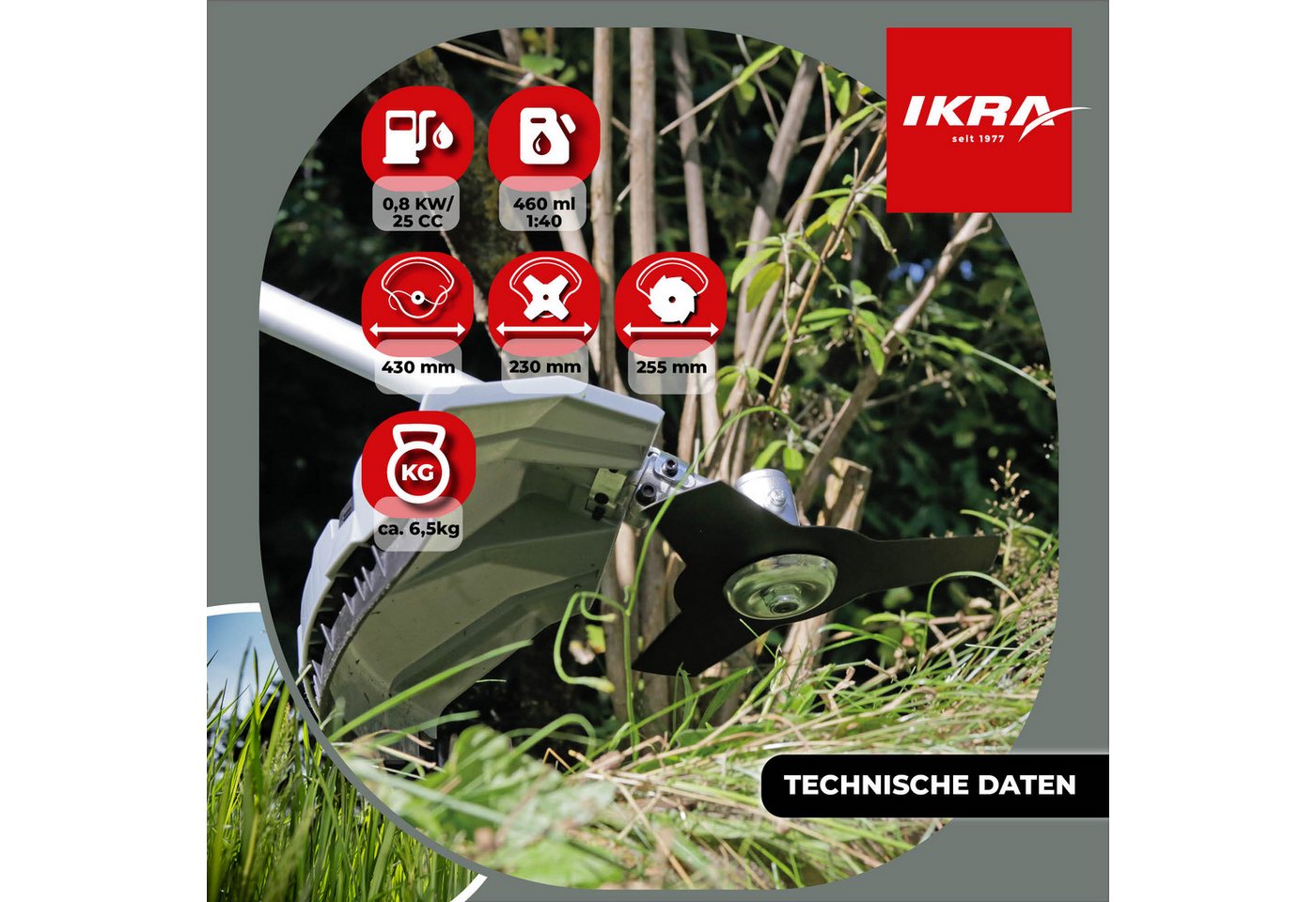 ikra GmbH Benzin-Freischneider IBF 25-1, 23 cm Arbeitsbreite Messer, 43 cm Arbeitsbreite Faden, inkl. Fadenspule, 4-Zahn-Messer & Schultergurt Bild 4