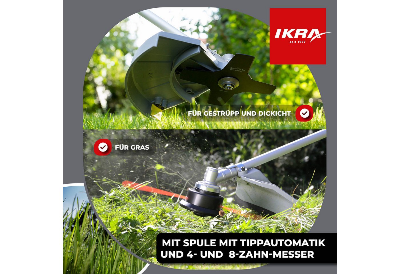 ikra GmbH Benzin-Freischneider IBF 25-1, 23 cm Arbeitsbreite Messer, 43 cm Arbeitsbreite Faden, inkl. Fadenspule, 4-Zahn-Messer & Schultergurt Bild 5