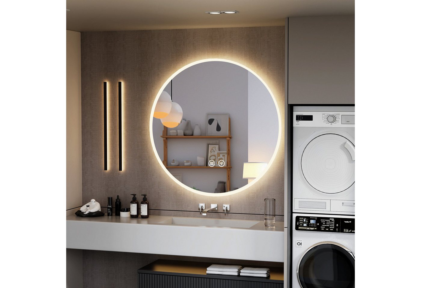 oyajia Badspiegel Rund mit LED Beleuchtung Wandspiegel, Rahmen Antibeschlag Badspiegel (3 Lichtfarben Dimmbare Touchschalter Antibeschlag eingebaute Sicherung), Ø60/70cm, Memory Funktion, IP44