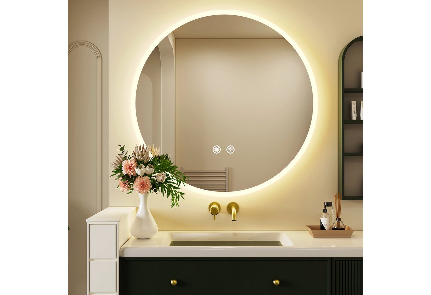 oyajia Badspiegel Rund mit LED Beleuchtung Wandspiegel, Rahmen Antibeschlag Badspiegel (3 Lichtfarben Dimmbare Touchschalter Antibeschlag eingebaute Sicherung), Ø60/70cm, Memory Funktion, IP44 Bild 2
