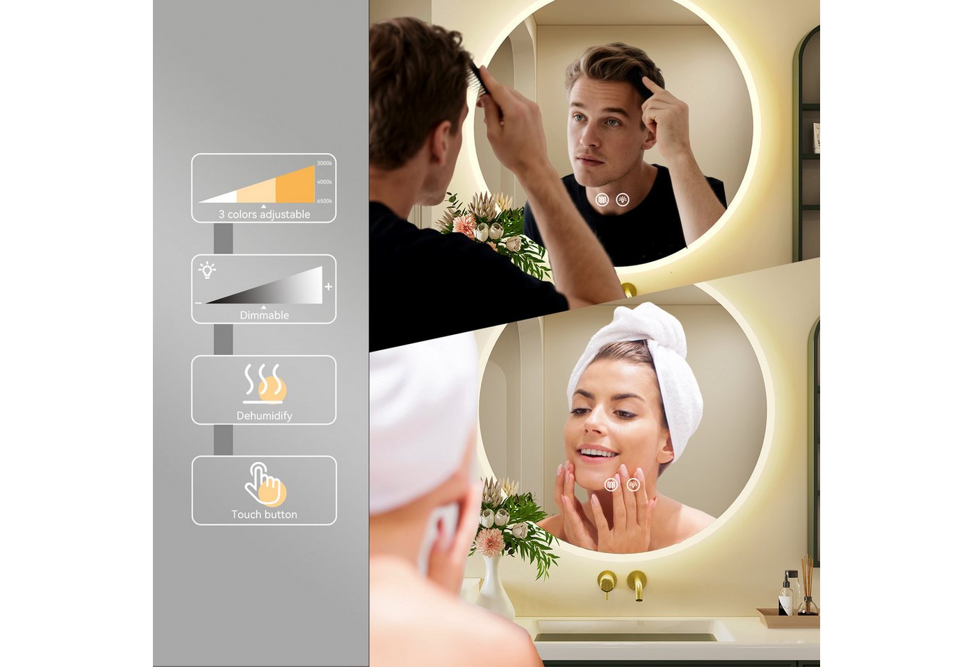 oyajia Badspiegel Rund mit LED Beleuchtung Wandspiegel, Rahmen Antibeschlag Badspiegel (3 Lichtfarben Dimmbare Touchschalter Antibeschlag eingebaute Sicherung), Ø60/70cm, Memory Funktion, IP44 Bild 4
