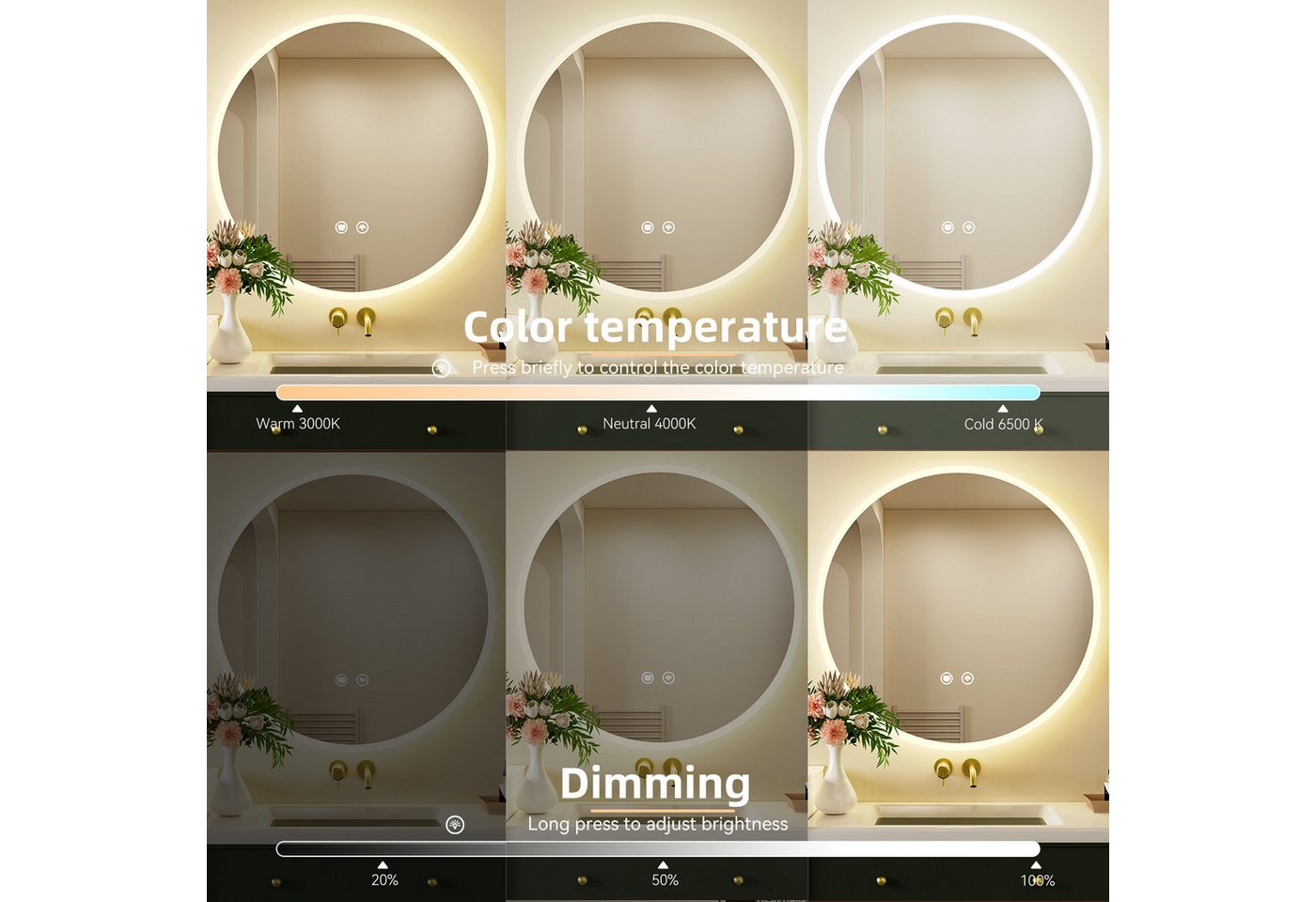 oyajia Badspiegel Rund mit LED Beleuchtung Wandspiegel, Rahmen Antibeschlag Badspiegel (3 Lichtfarben Dimmbare Touchschalter Antibeschlag eingebaute Sicherung), Ø60/70cm, Memory Funktion, IP44 Bild 5