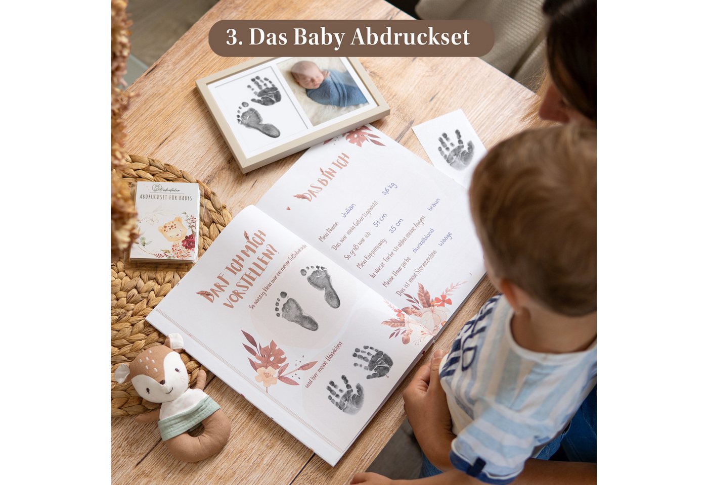 Eulentaler Tagebuch I Geburt Geschenkset 3in1 I Babyalbum, Meilensteinkarten & Abdruckset, für das erste Jahr, von Pädagogen gestaltet Bild 2