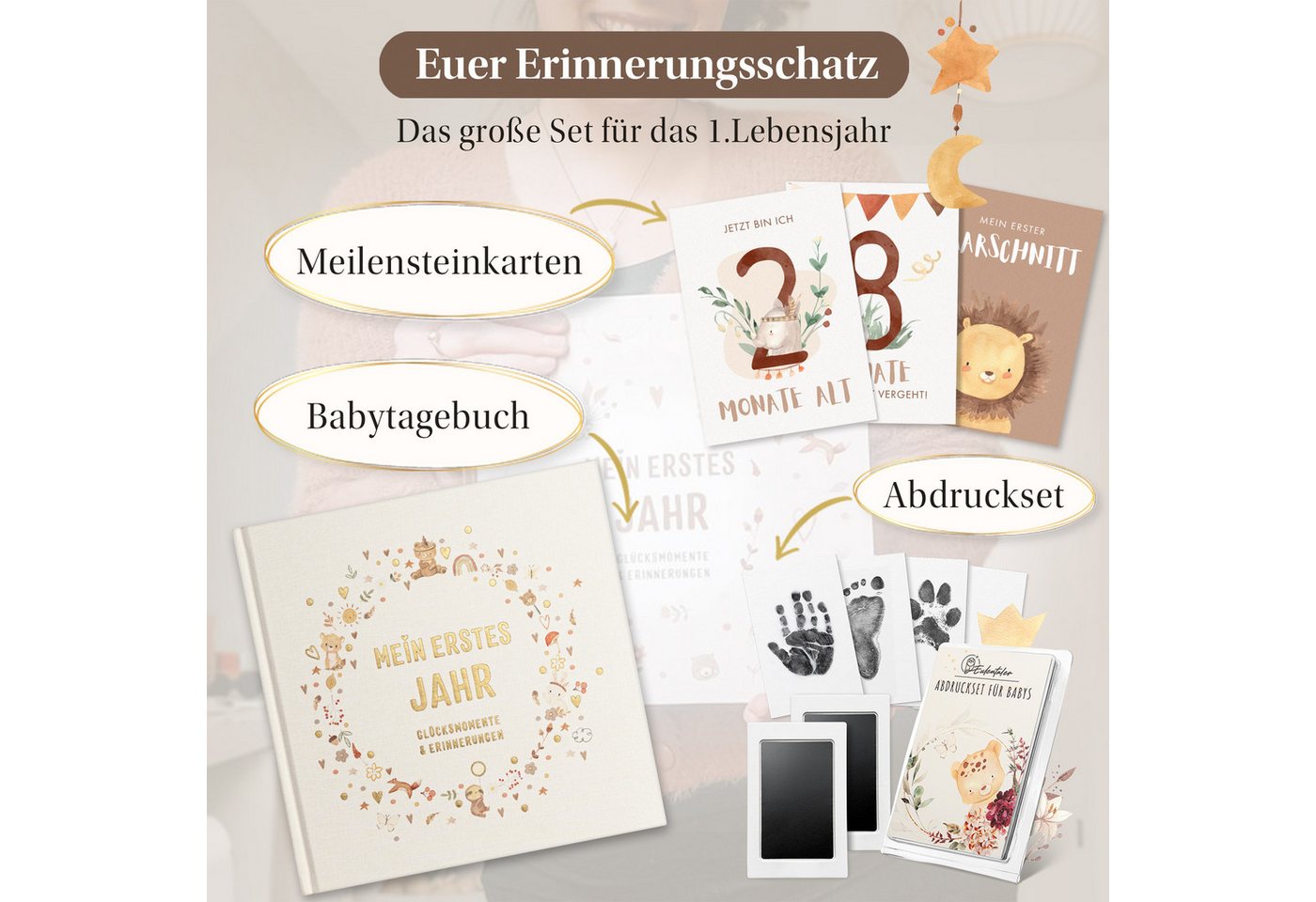 Eulentaler Tagebuch I Geburt Geschenkset 3in1 I Babyalbum, Meilensteinkarten & Abdruckset, für das erste Jahr, von Pädagogen gestaltet Bild 4