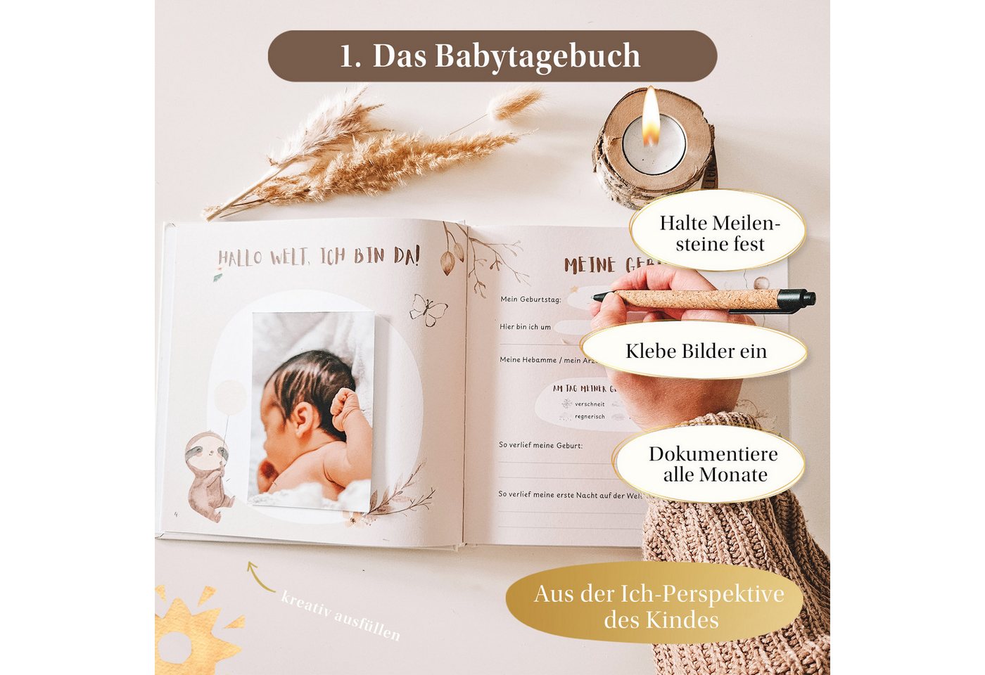 Eulentaler Tagebuch I Geburt Geschenkset 3in1 I Babyalbum, Meilensteinkarten & Abdruckset, für das erste Jahr, von Pädagogen gestaltet Bild 5