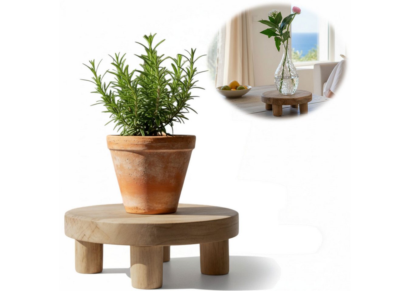 LS-LebenStil Blumenständer Pflanzenhocker Teak Holz 20x7cm Rund Mini Tisch Deko Tablett (Design Deko Hocker Teak Holz 20x7cm Mini Tisch rustikales Tischchen, 1 St., Braun 4 Füße kleiner Pflanzenständer Pflanzentisch Holzhocker Deko) Bild 2