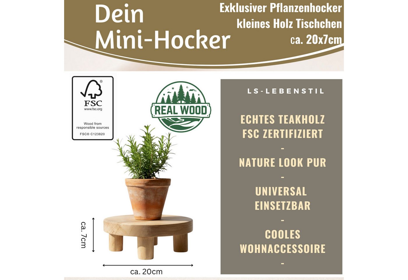 LS-LebenStil Blumenständer Pflanzenhocker Teak Holz 20x7cm Rund Mini Tisch Deko Tablett (Design Deko Hocker Teak Holz 20x7cm Mini Tisch rustikales Tischchen, 1 St., Braun 4 Füße kleiner Pflanzenständer Pflanzentisch Holzhocker Deko) Bild 4
