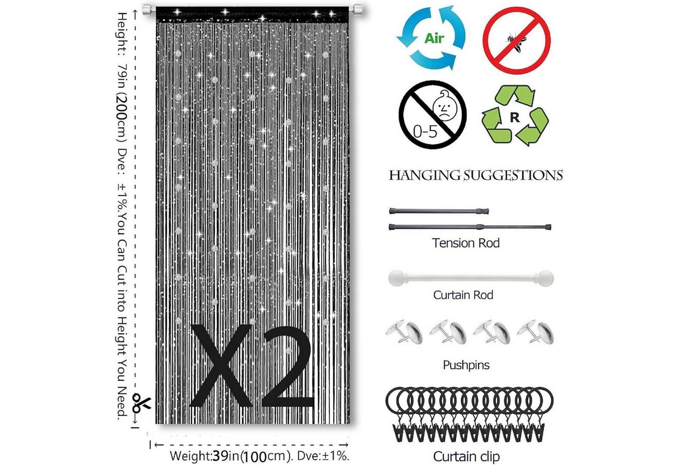 LuxusKollektion Insektenschutz-Vorhang Fliegenvorhang 200x100 cm 2er Insektenschutz Perlen Schwarz