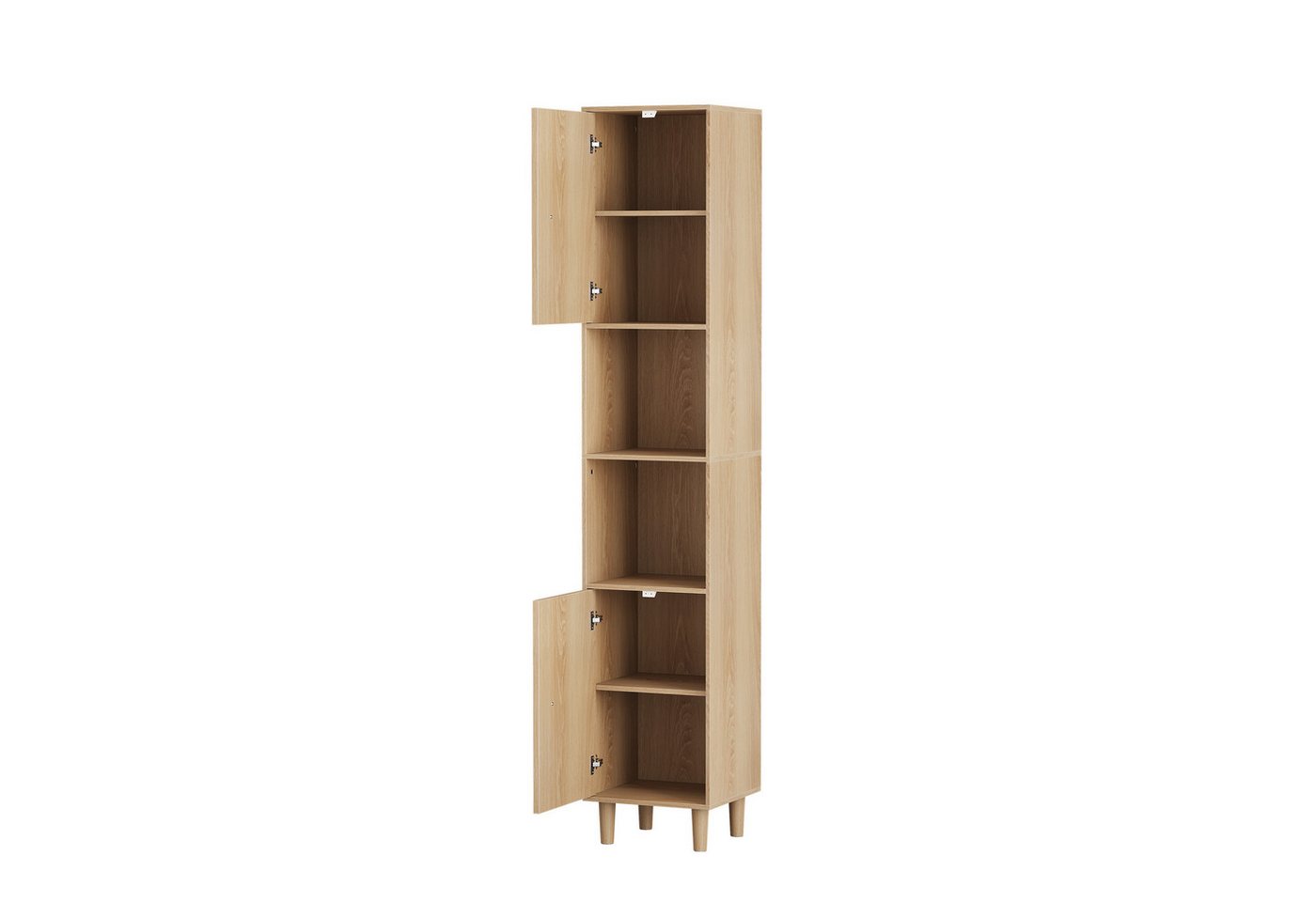 Yorbay Badkommode Badezimmerschrank schmal, Hochschrank mit Türen und offenen Fächern, Freistehender Badschrank mit verstellbaren Einlegeböden, Eiche Optik