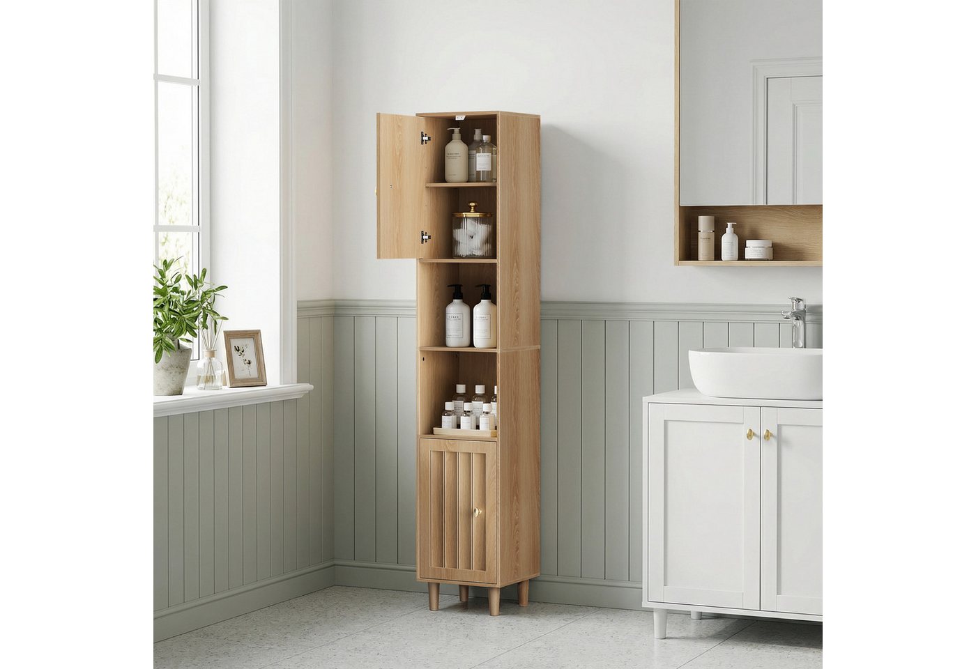 Yorbay Badkommode Badezimmerschrank schmal, Hochschrank mit Türen und offenen Fächern, Freistehender Badschrank mit verstellbaren Einlegeböden, Eiche Optik Bild 2