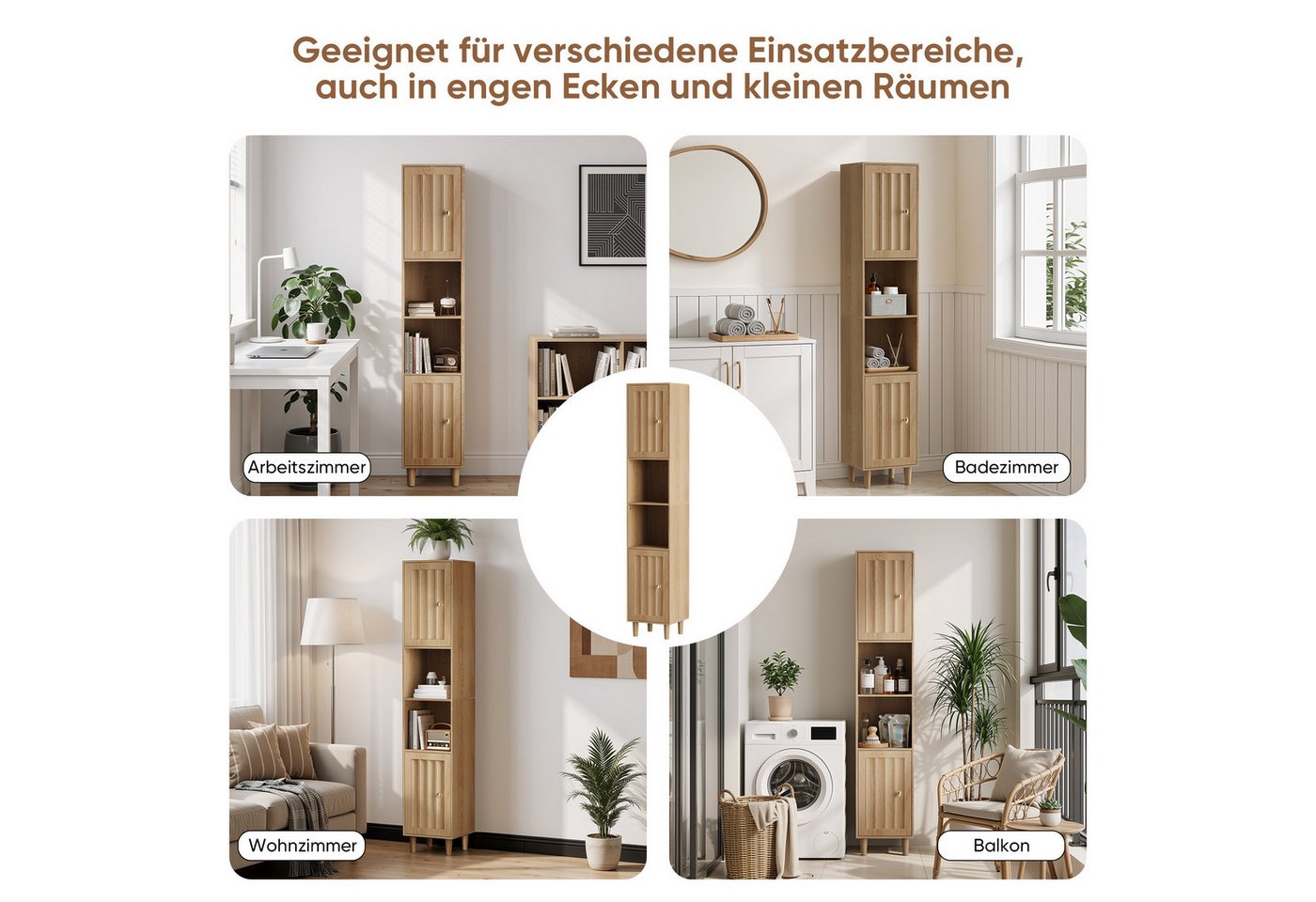 Yorbay Badkommode Badezimmerschrank schmal, Hochschrank mit Türen und offenen Fächern, Freistehender Badschrank mit verstellbaren Einlegeböden, Eiche Optik Bild 3