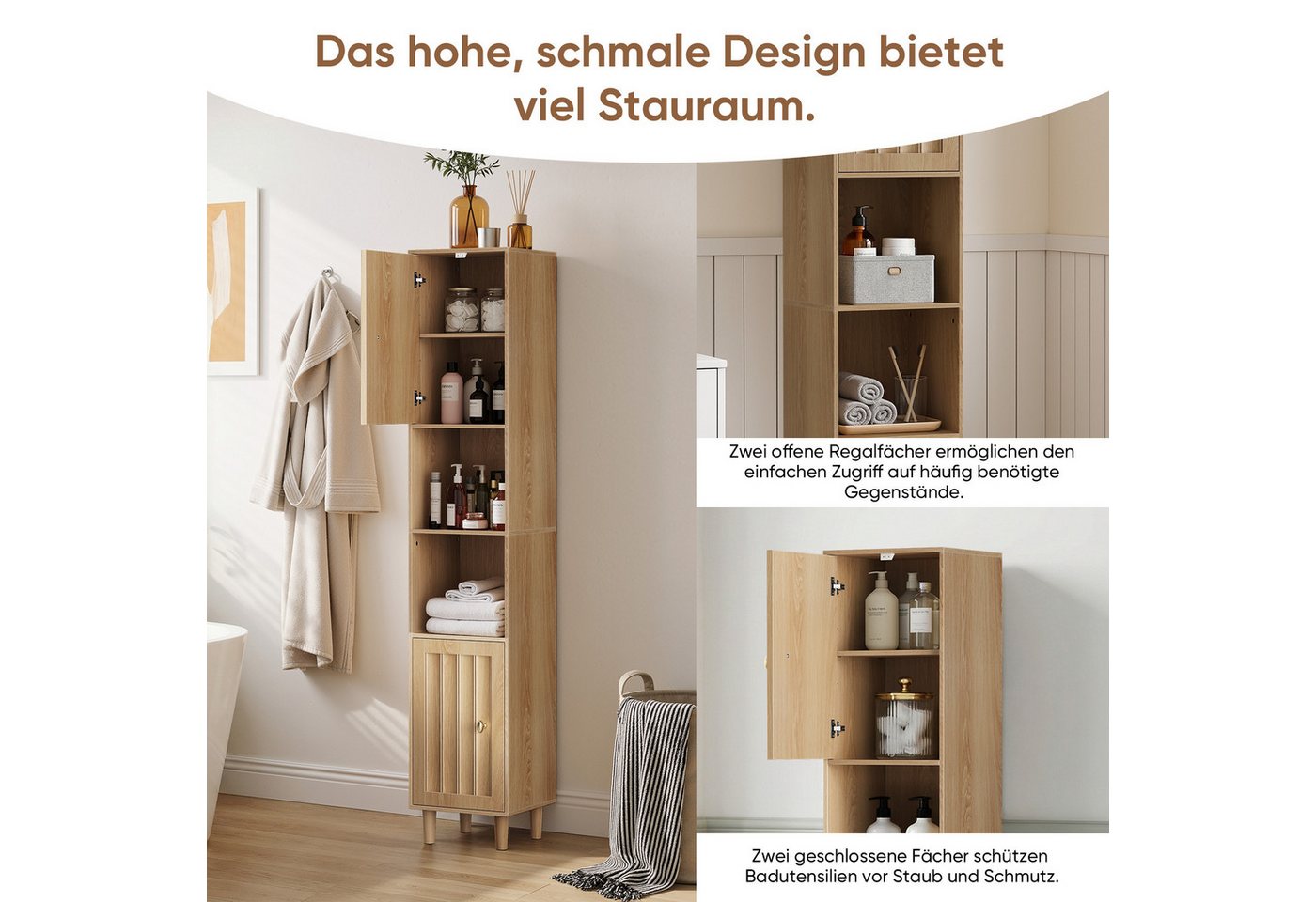 Yorbay Badkommode Badezimmerschrank schmal, Hochschrank mit Türen und offenen Fächern, Freistehender Badschrank mit verstellbaren Einlegeböden, Eiche Optik Bild 4