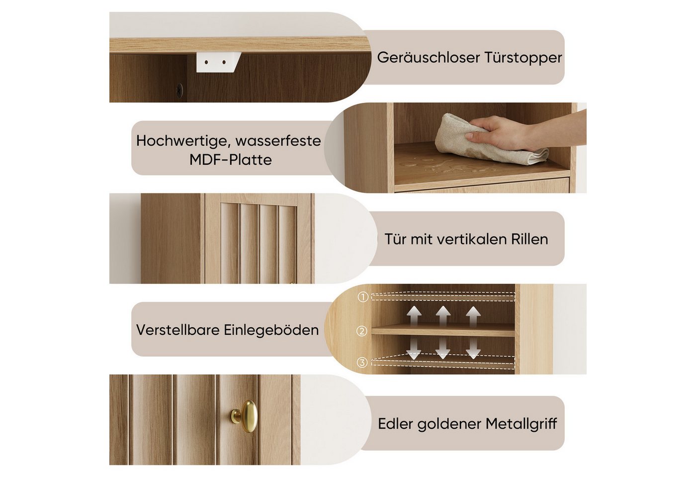 Yorbay Badkommode Badezimmerschrank schmal, Hochschrank mit Türen und offenen Fächern, Freistehender Badschrank mit verstellbaren Einlegeböden, Eiche Optik Bild 5