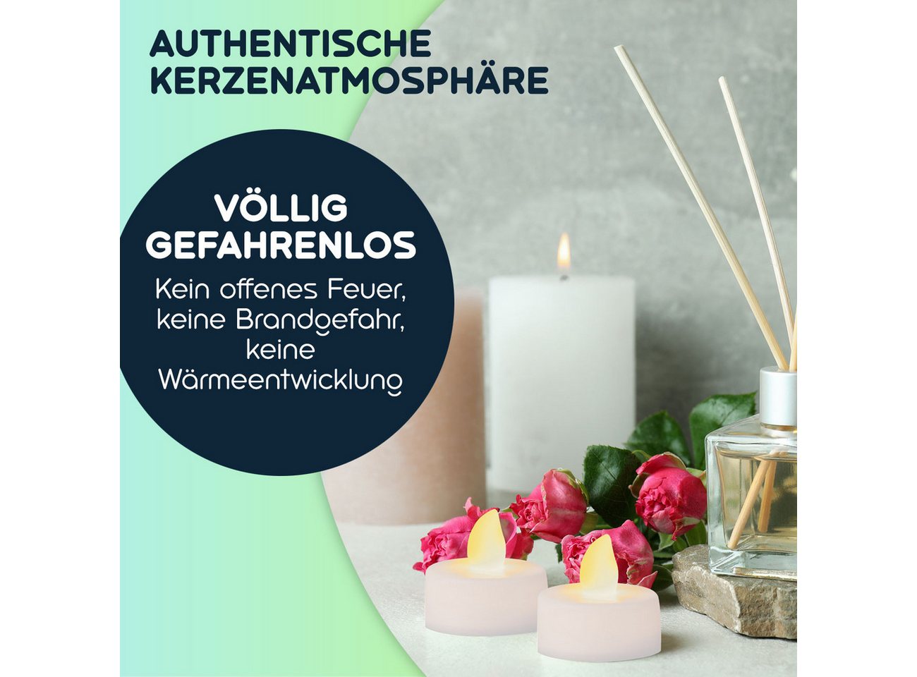 Casativo LED-Teelichter Stimmungsvolle LED Teelichter Flackerndes Licht bis zu 100 Std. Licht, LED fest integriert, Echter Kerzeneffekt, langlebig bis 50.000 Std. Ø 3,7 x 3,5 cm, weiß Bild 5