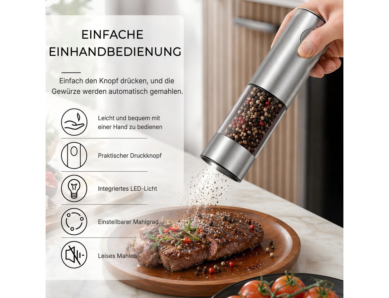 Futicare Salz-/Pfeffermühle Elektrisch 2er Set Gewürzmühle mit Magnet-USB-C-Ladestation, XXL 95ml,Edelstahl & Keramikmahlwerk, 5 Stufen & LED-Beleuchtung