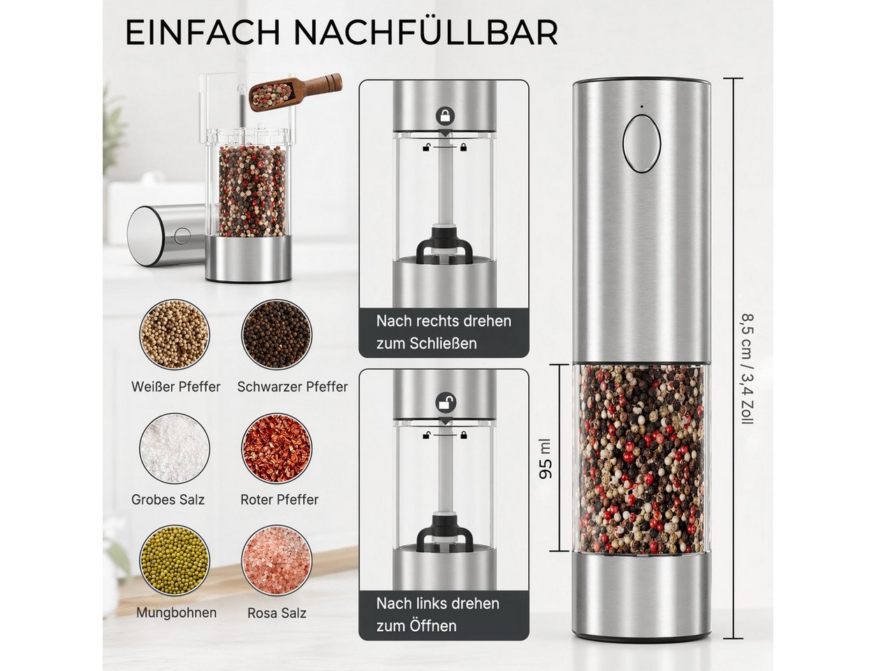 Futicare Salz-/Pfeffermühle Elektrisch 2er Set Gewürzmühle mit Magnet-USB-C-Ladestation, XXL 95ml,Edelstahl & Keramikmahlwerk, 5 Stufen & LED-Beleuchtung Bild 2