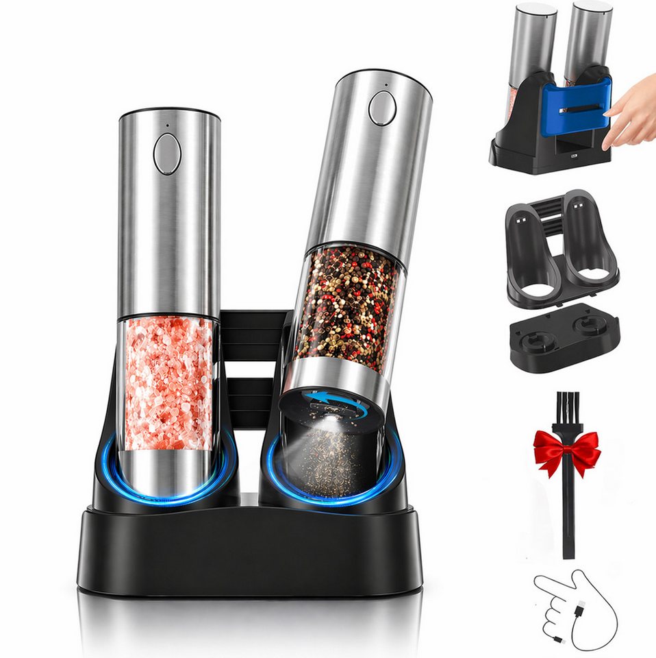 Futicare Salz-/Pfeffermühle Elektrisch 2er Set Gewürzmühle mit Magnet-USB-C-Ladestation, XXL 95ml,Edelstahl & Keramikmahlwerk, 5 Stufen & LED-Beleuchtung Bild 4