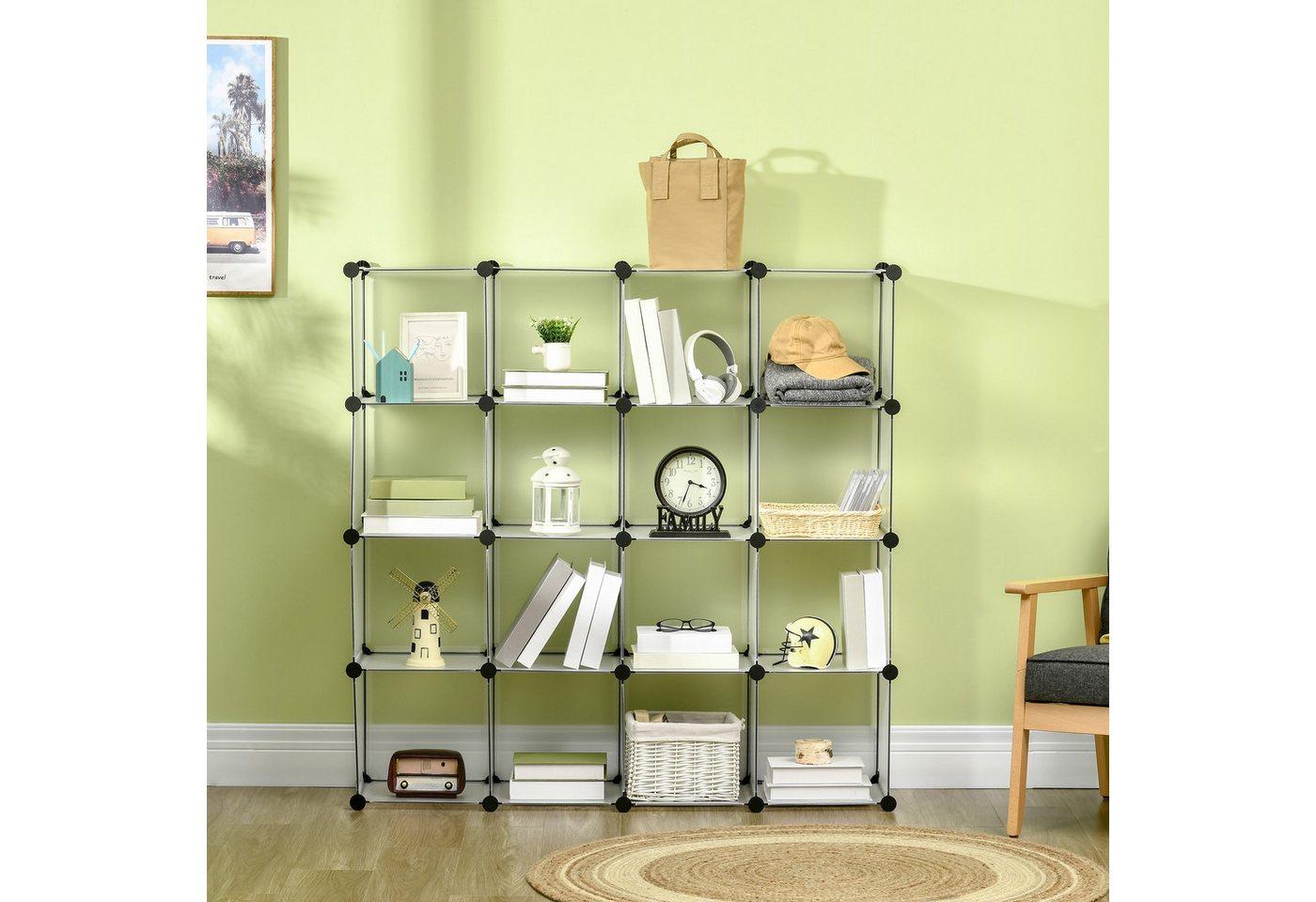 MC Star Bücherregal Platzsparendes modulares Schuhregal, 16 Würfel à 30 x 30 x 30 cm, aus Stahl und PP, 125 x 32 x 125 cm, transparent