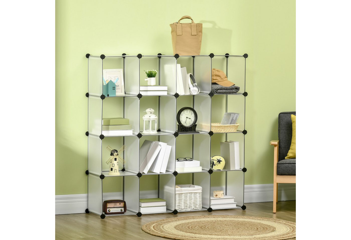 MC Star Bücherregal Platzsparendes modulares Schuhregal, 16 Würfel à 30 x 30 x 30 cm, aus Stahl und PP, 125 x 32 x 125 cm, transparent Bild 5