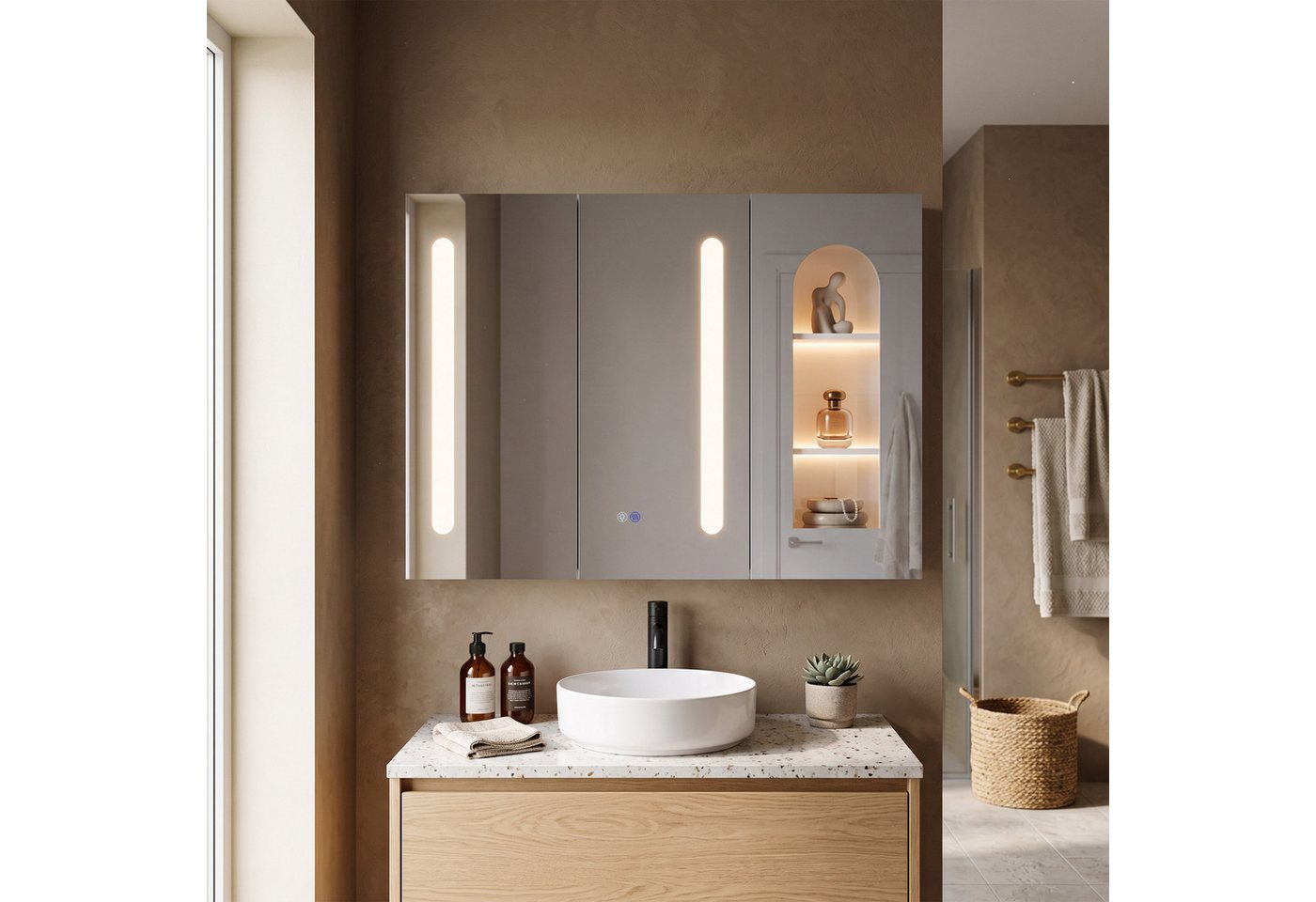 FUFU&GAGA Badezimmerspiegelschrank Spiegelschrank 120cm LED Touch, 3 Türen, Badezimmer Badschrank, Weiß