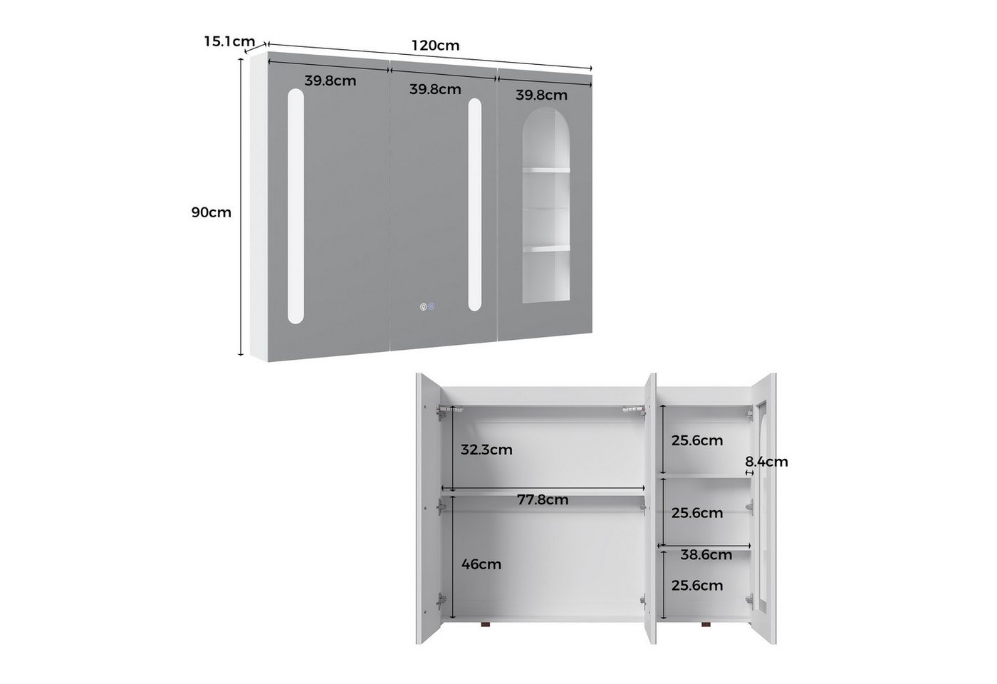 FUFU&GAGA Badezimmerspiegelschrank Spiegelschrank 120cm LED Touch, 3 Türen, Badezimmer Badschrank, Weiß Bild 5