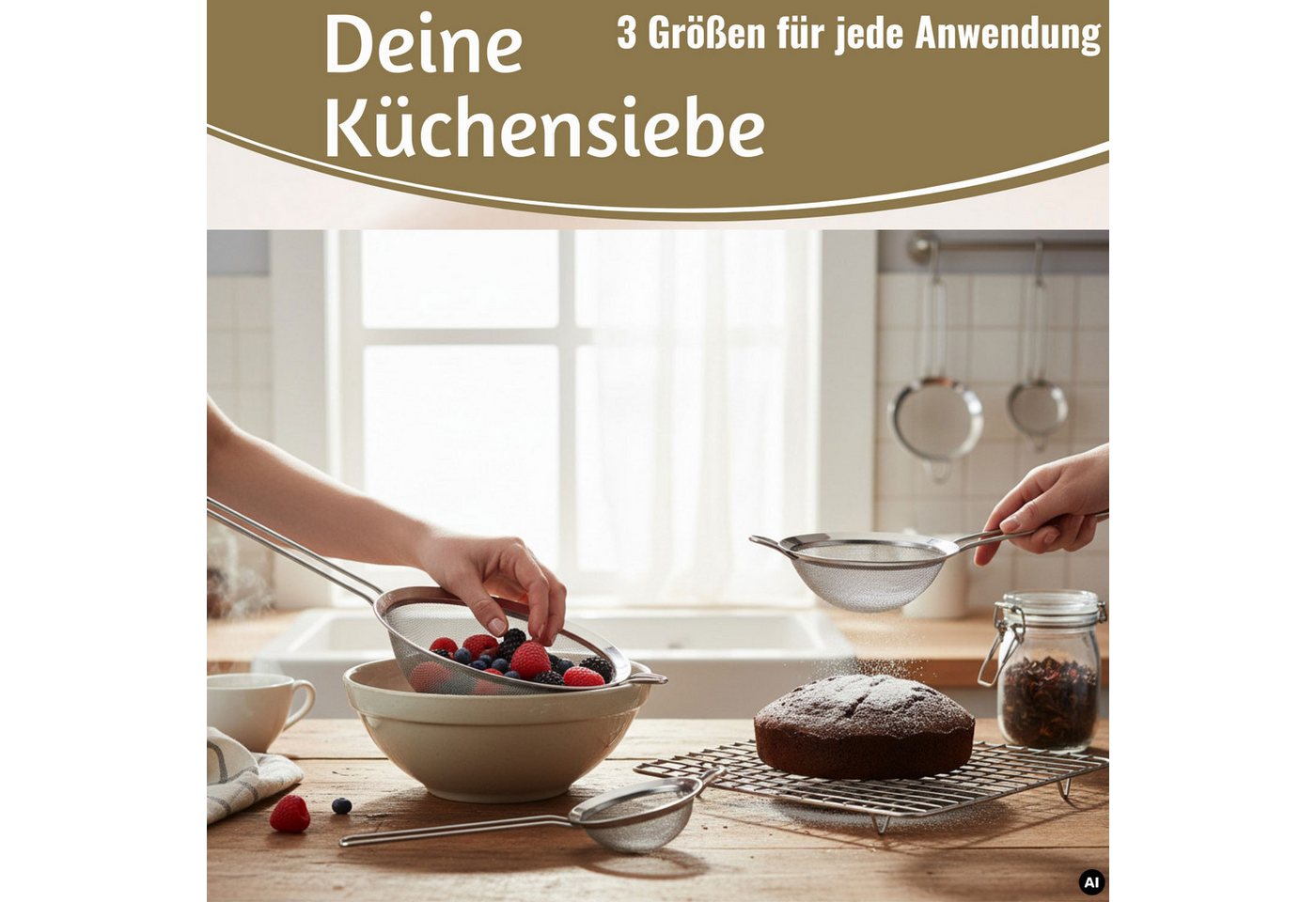 LS-LebenStil Küchensieb Edelstahl Siebe 3´er Set 8cm 14cm 20cm mit Aufhängeösen, Edelstahl, (Abtropfsieb Passiersieb Mehlsieb Teesieb mit Aufhängeöse, 3-St., Küchensieb Set mit 8 cm 14 cm 20 cm Siebdurchmesser), Nudelsieb Feines Haarsieb Mehlsieb für Küche Backen Kochen Bild 2