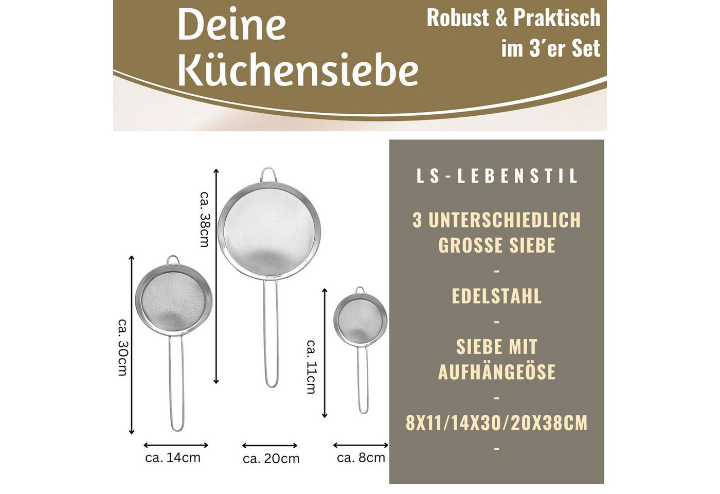 LS-LebenStil Küchensieb Edelstahl Siebe 3´er Set 8cm 14cm 20cm mit Aufhängeösen, Edelstahl, (Abtropfsieb Passiersieb Mehlsieb Teesieb mit Aufhängeöse, 3-St., Küchensieb Set mit 8 cm 14 cm 20 cm Siebdurchmesser), Nudelsieb Feines Haarsieb Mehlsieb für Küche Backen Kochen Bild 3