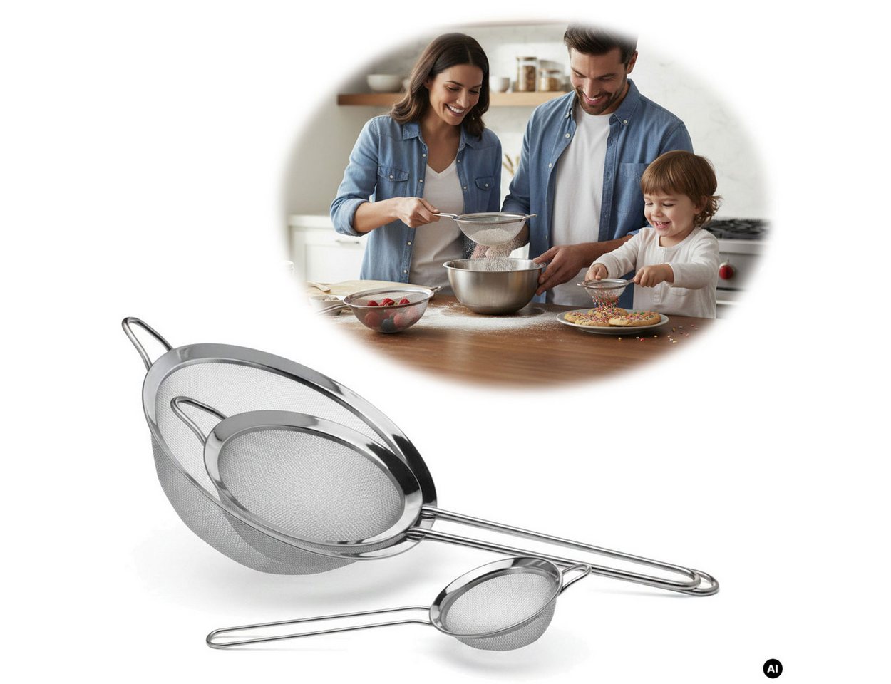 LS-LebenStil Küchensieb Edelstahl Siebe 3´er Set 8cm 14cm 20cm mit Aufhängeösen, Edelstahl, (Abtropfsieb Passiersieb Mehlsieb Teesieb mit Aufhängeöse, 3-St., Küchensieb Set mit 8 cm 14 cm 20 cm Siebdurchmesser), Nudelsieb Feines Haarsieb Mehlsieb für Küche Backen Kochen Bild 5