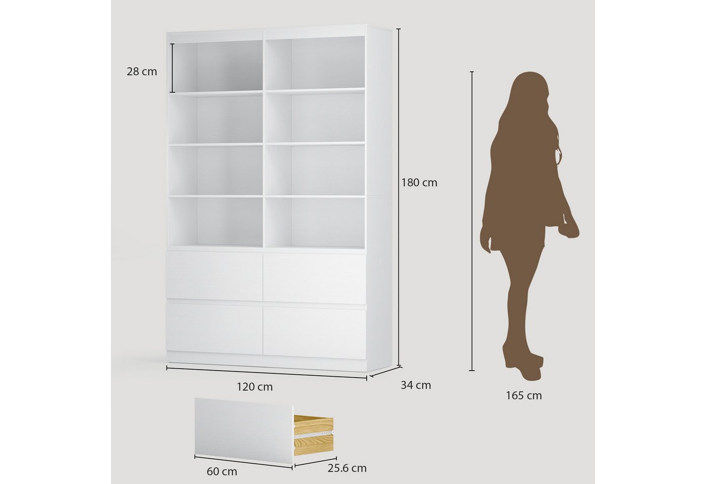 Bealife Bücherregal Bücherschrank Hochschrank mit 8 Fächern und 4 Schubladen Bild 2